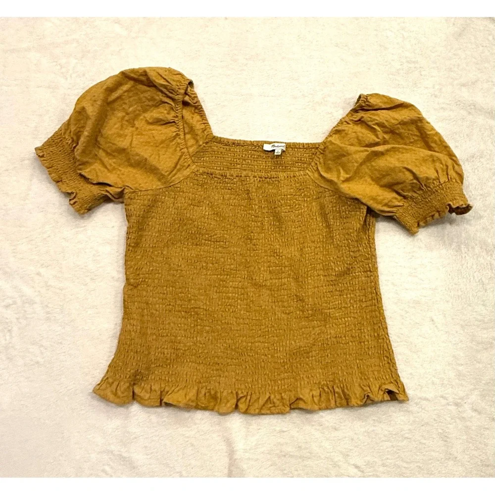 Madewell Lucie Smocked Puff Sleeve Top Mustard Square Neck Ruffle‎ Hem Large